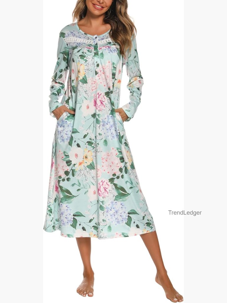 Women's Soft Cotton Long Sleeve Nightgown With Pockets S-Xxl